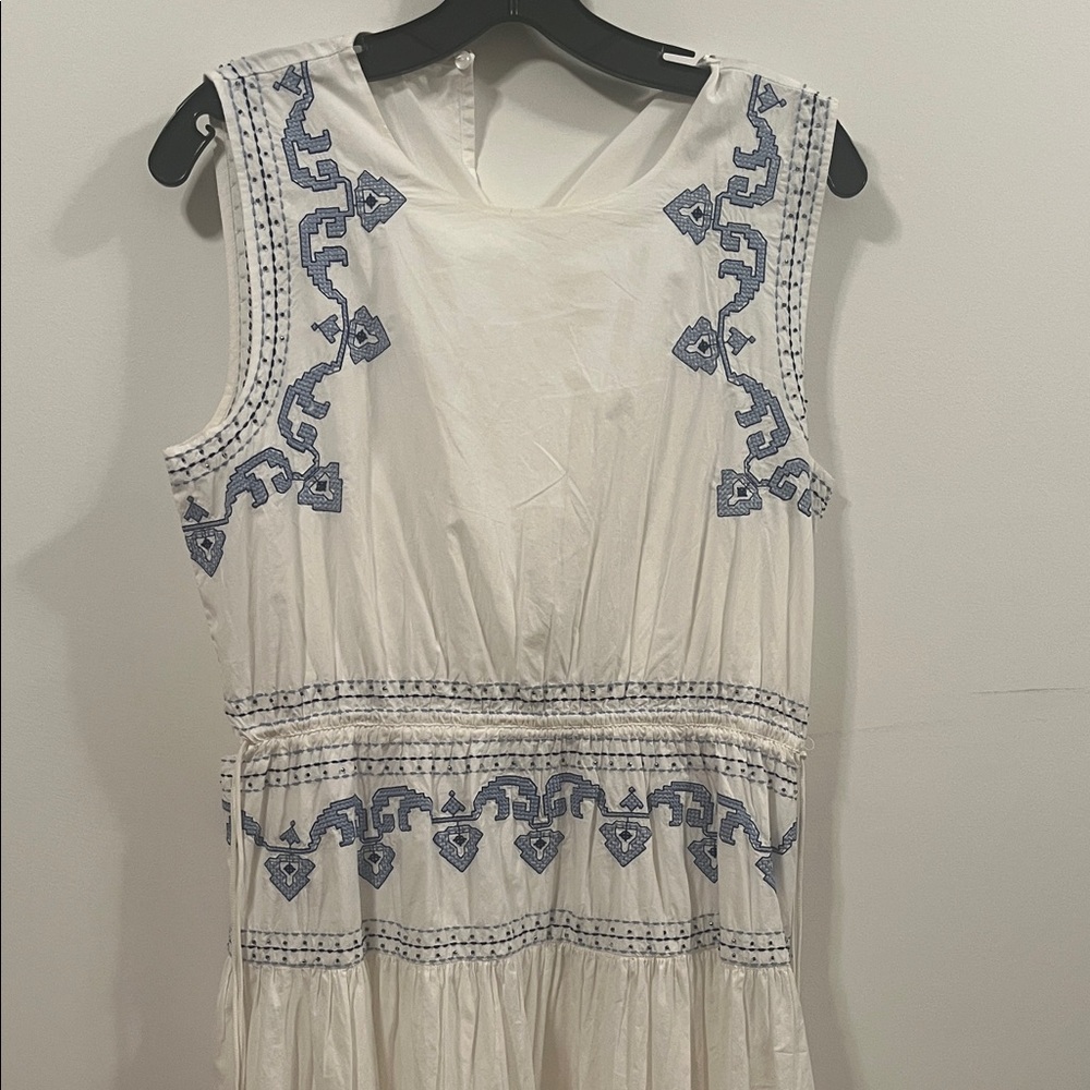 Zara White and Blue Embroidered Maxi Dress